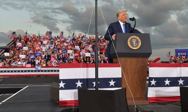 President Donald Trump addresses an overflow crowd Thursday, September 24, 2020 at the Great American Comeback Event at the Cecil Commerce Center in Jacksonville, Florida.