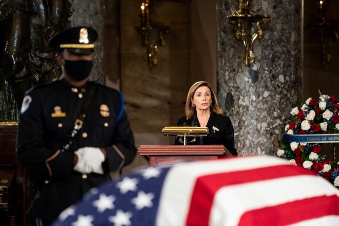 House Speaker Nancy Pelosi speaks during a ceremony Justice Ruth Bader Ginsburg as she lies in state in the U.S. Capitol on Friday, Sept. 25, 2020. Ginsburg died at the age of 87 on Sept. 18 and is the first women to lie in state at the Capitol.