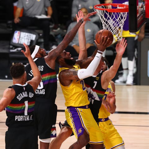Los Angeles Lakers forward LeBron James is fouled 