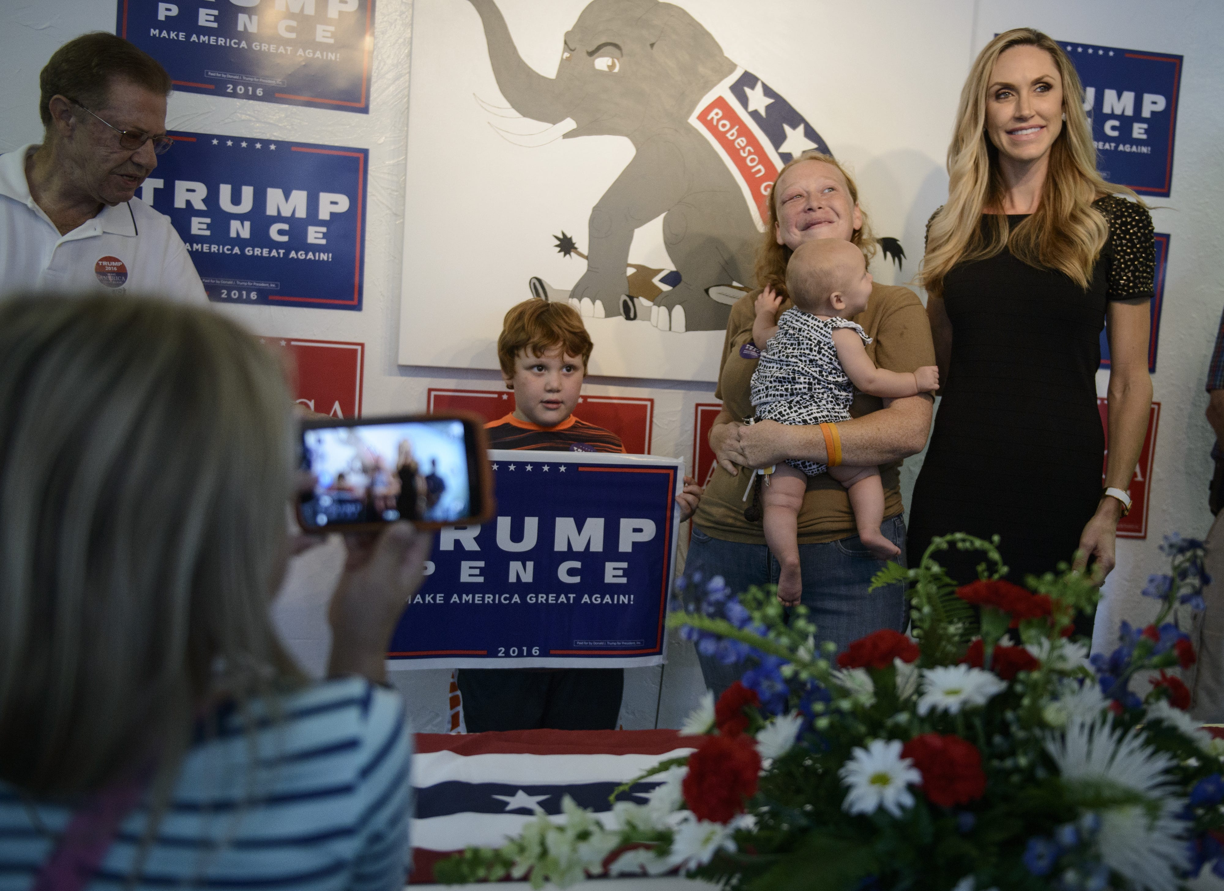 Lara Trump, daughter-in-law of President Donald Trump, posed for photos in during this September 2016 campaign stop in Lumberton, North Carolina. She appeared again in Lumberton this year to encourage supporters to turn out for the president.