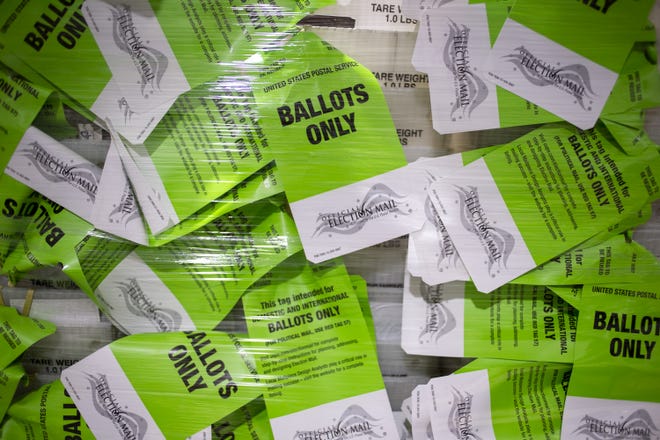 Labels for election mail are seen on Sept. 22, 2020, at Runbeck Election Services in Phoenix. The facility prints Maricopa County's ballots as well as ballots for many other states and counties.