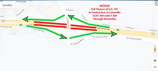 This map shows the planned overnight roadway closure of Highway 101 in Camarillo beginning on Thursday to perform repairs on the Central Avenue overpass.