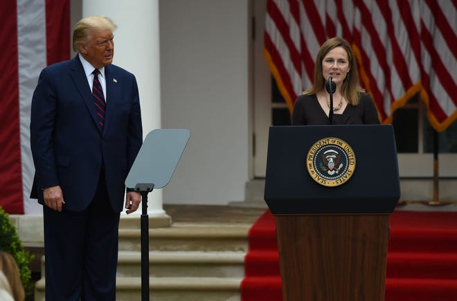 Judge Amy Coney Barrett speaks after being nominated to the Supreme Court by President Donald Trump in the Rose Garden of the White House in Washington, D.C., on Sept. 26, 2020. Barrett, if confirmed by the Senate, will replace Justice Ruth Bader Ginsburg, who died on Sept. 18.