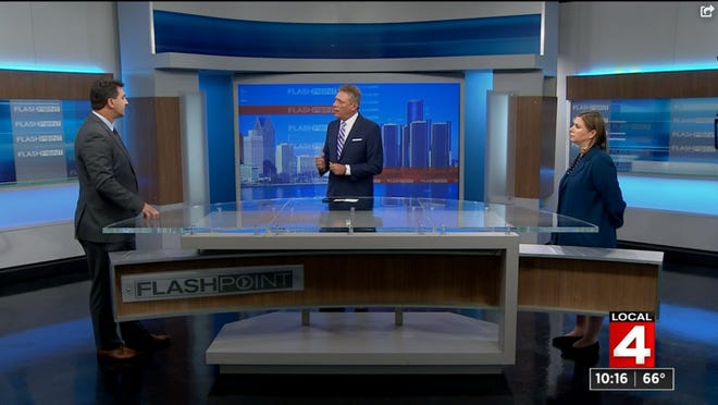 Republican Congressional candidate Paul Junge and incumbent Democratic U.S. Rep. Eilssa Slotkin answer questions from WDIV-TV anchor Devin Scillian during the second of three debates during the race for the 8th Congressional district seat.