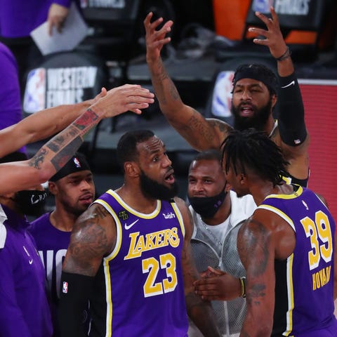 Los Angeles Lakers forward LeBron James celebrates