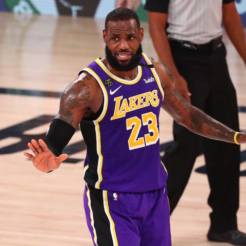 Los Angeles Lakers forward LeBron James reacts dur