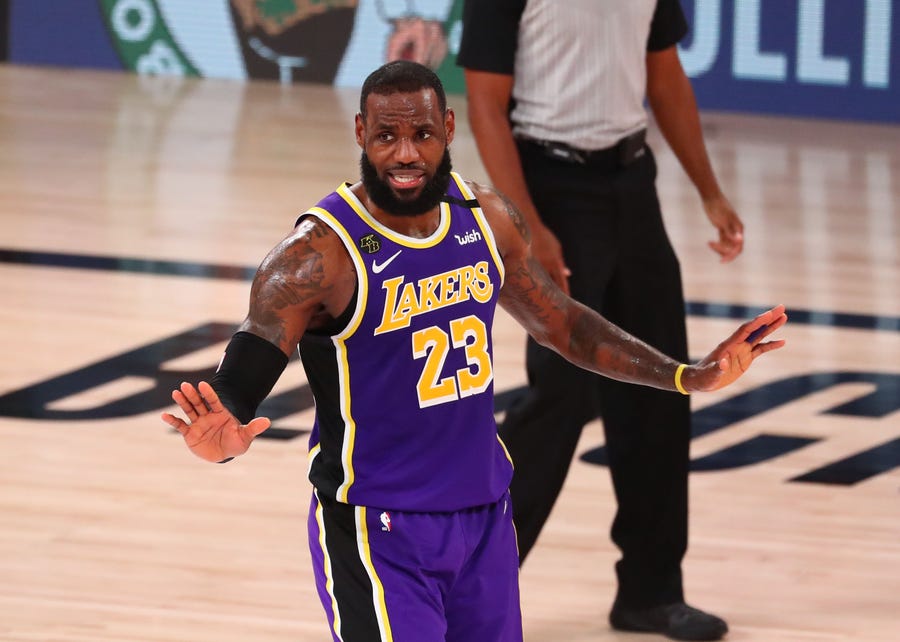 Los Angeles Lakers forward LeBron James reacts during the fourth quarter of Game 5 against the Denver Nuggets.