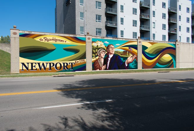 A rendering of mural planned for Newport's floodwall depicts General James Taylor and his wife. Taylor founded Newport and also owned slaves.