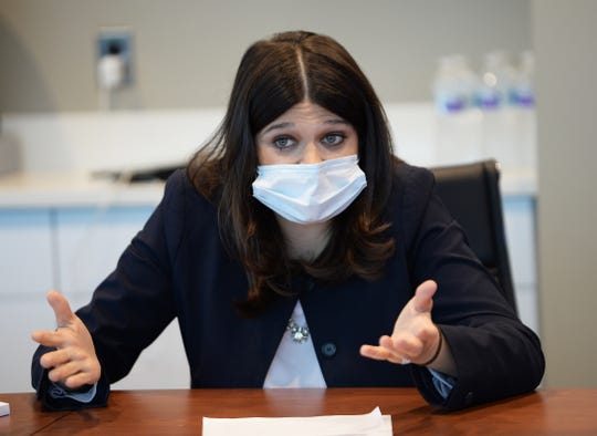 U.S. Rep. Haley Stevens, gives her remarks during an meeting and tour with executives of Mahle Industries, Inc.