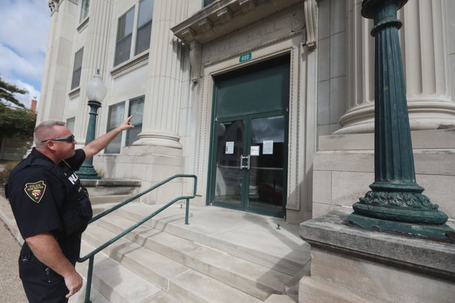 Interim Chief of Police Jeff Klein talks about the proposed security upgrades to Burlington City Hall, including the installation of new security cameras, Tuesday in downtown Burlington. Klein made a number of suggestions during Monday's City Council meeting including installing a number of security cameras throughout the building, installing walls on the second floor to keep offices secured and a keycard system for Individual offices.