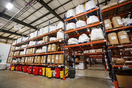 Bulk products are stored on racking shelves in a 70,000 square foot warehouse that's part of PS Seasoning's campus. Rapid growth and over 11,000 ingredients has the company looking for more space.