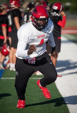 Anthony Lucas (DT) runs a drill during football practice, September 28, 2020, at Chaparral High School, Scottsdale, Arizona.