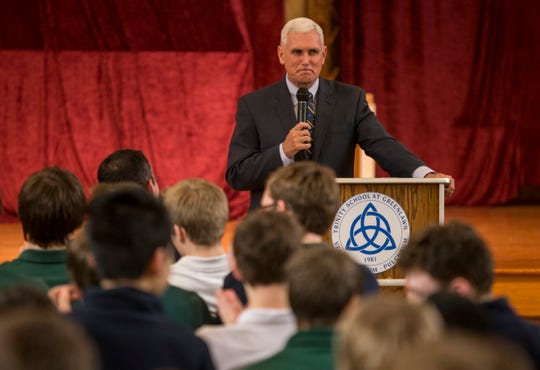 Then-Indiana Gov. Mike Pence, speaks at Trinity School at Greenlawn on Wednesday, April 2, 2014, in South Bend, Indiana, on April 2, 2014. (Robert Franklin/South Bend Tribune via AP)