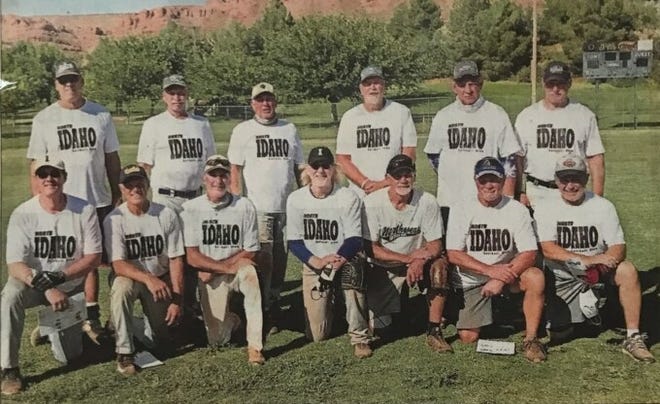 The North Idaho Softball Club, based in Great Falls, won the 65 AAA Division at the Senior Softball USA World Championships in St. George, Utah, recently. Kneeling in front (left to right) are Tim Coles, John Walkington, Lee Libera, Dick Stauffer, Dennis Wolff, Terry Graham and Wayne Becker; standing are Ron Geffre, Rich Long, Jim Palombi, Larry Lewis, Ray Hofstand and Brad Hampton.