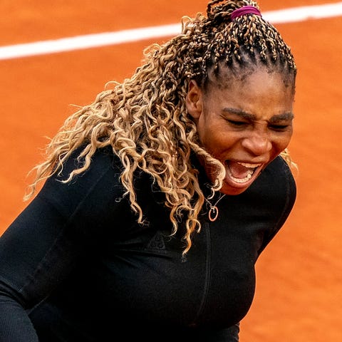 Serena Williams (USA) reacts during her match agai