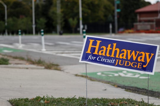 A Nicholas John Hathaway for Wayne Circuit Court Judge sign on Jefferson Avenue in Detroit, Tuesday, Sept. 29, 2020.