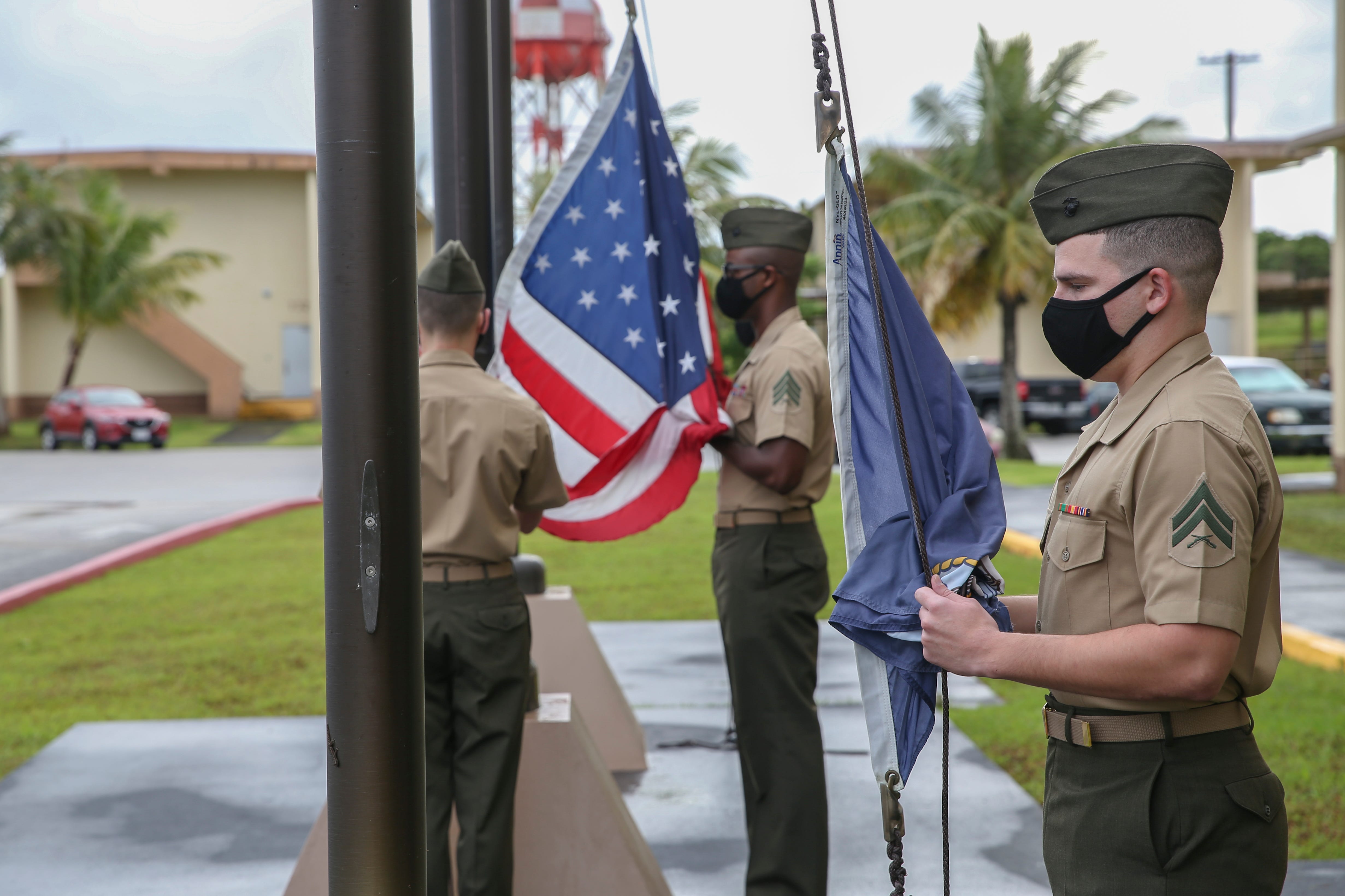 Marines assigned to Camp Blaz conduct the first flag raising of the new command, marking the initial operation capability of the base in Dededo, Guam, Oct. 1, 2020. Camp Blaz is the first Marine Corps base activated since the commissioning of Marine Corps Logistics Base Albany, Georgia, March 1, 1952.