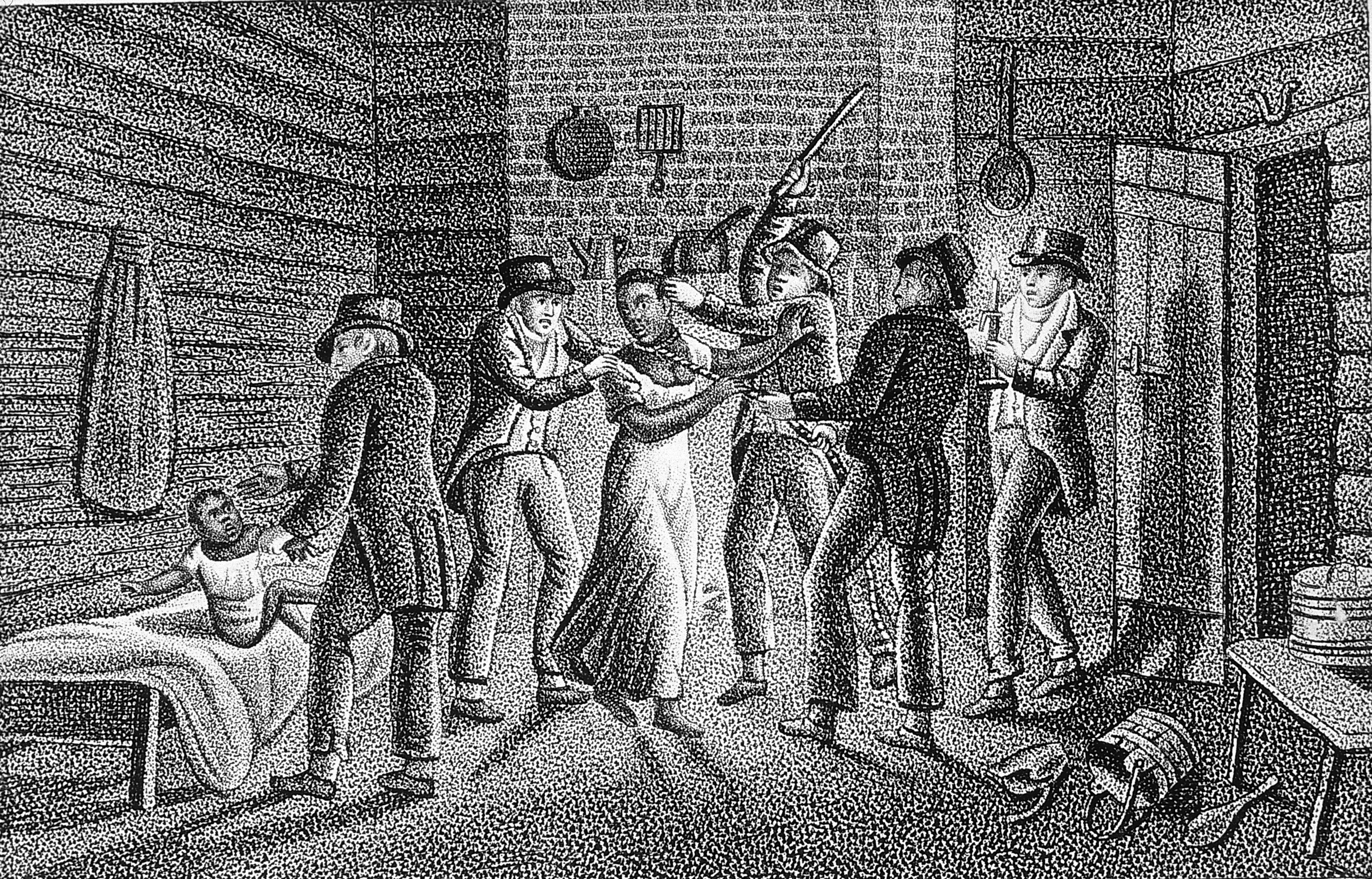 Slave catchers find an escaped slave and child, circa 1822. In American colonies such as Virginia and the Carolinas, slave patrollers raided the homes of enslaved people on plantations looking for contraband – guns, reading materials or anything else they thought indicated that someone wanted to run away or organize a rebellion. They beat any offenders at their discretion. Repeat offenses were punishable by death.