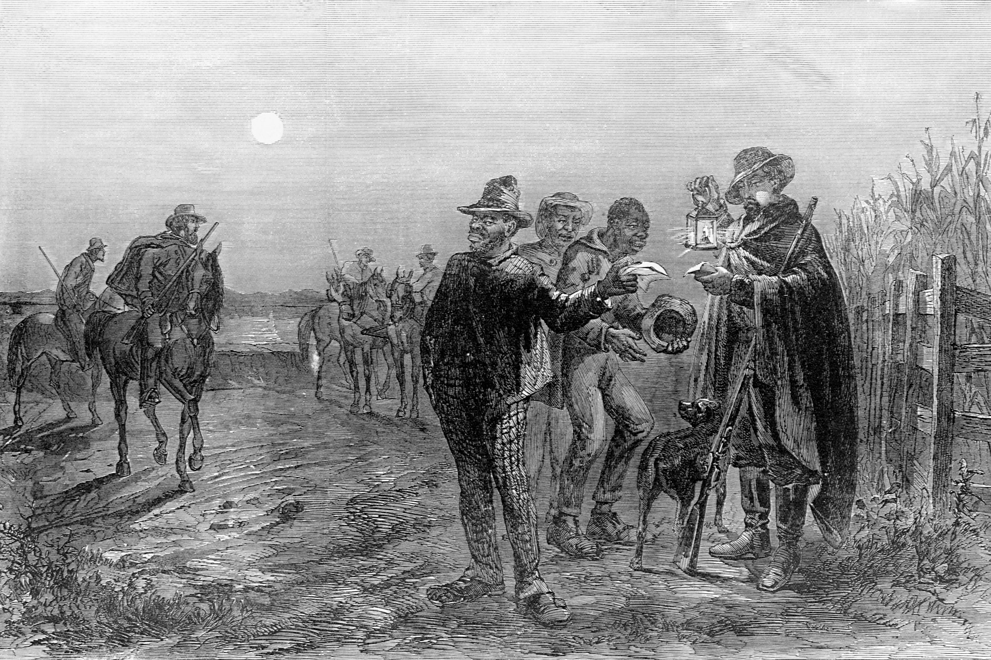 Plantation police look over the passes of enslaved people along a road near New Orleans in the 19th century. With or without a pass from their masters, enslaved people could be jailed and whipped at an officer's discretion.