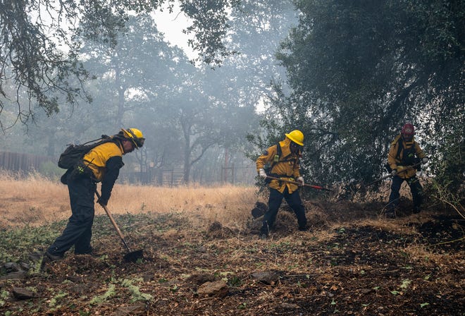 Three Monterey County Regional Firefighters help dozens of other firefighters prevent the Glass Fire from destroying homes near Bell Canyon Road in Angwin, Calif., on Thursday, Oct. 1, 2020. Since it began on Sunday, the wildfire has consumed over 60,000 acres and is at 6% containment. According to CalFire, as of Friday morning 589 structures have been destroyed and 110 have been damaged.