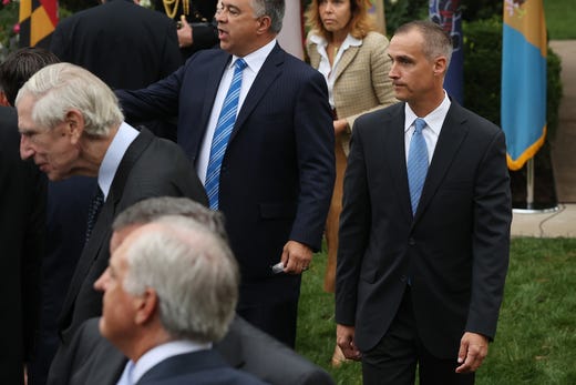 Lobbyist Corey Lewandowski (R) talks with fellow guests in the Rose Garden after President Donald Trump introduced 7th U.S. Circuit Court Judge Amy Coney Barrett, 48, as his nominee to the Supreme Court at the White House Sept. 26, 2020 in Washington, DC.