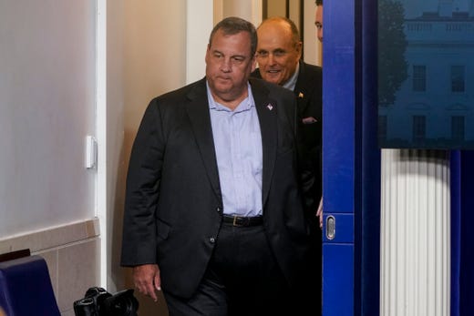 Former New Jersey Governor Chris Christie (L) and former New York Mayor Rudy Giuliani arrives before U.S. President Donald Trump speaks to a news conference in the Briefing Room of the White House on Sept. 27, 2020 in Washington, DC.