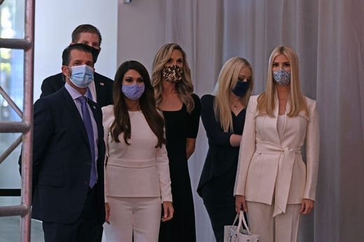 (From L) Donald Trump Jr., Eric Trump, Kimberly Guilfoyle, Lara Trump, Tiffany Trump and Ivanka Trump are seen ahead of the first presidential debate at the Case Western Reserve University and Cleveland Clinic in Cleveland, Ohio on September 29, 2020.