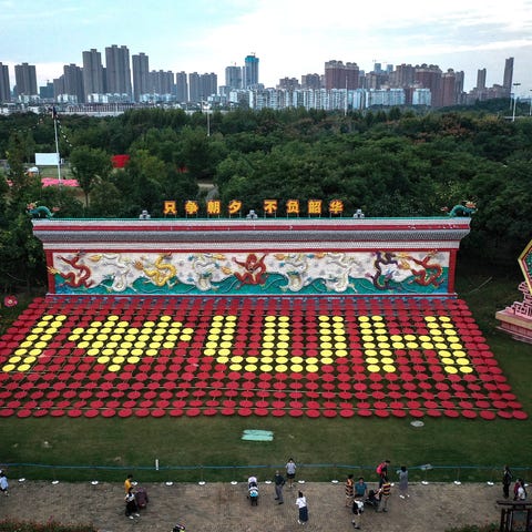 An aerial drone view of a sign reading 'I love Wuh