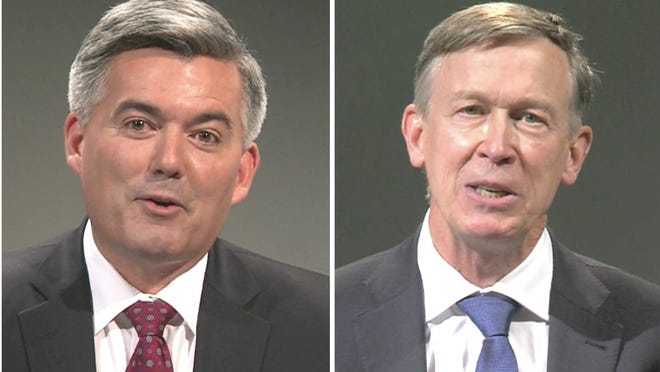 U.S. Sen. Cory Gardner, left, and former Gov. John Hickenlooper, right, traded barbs in the first U.S. Senate debate in Colorado on Oct. 2, 2020.