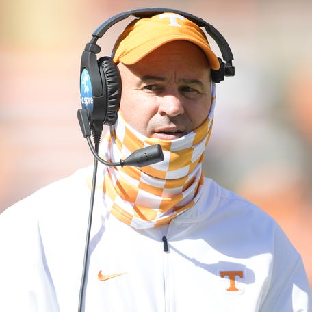 Tennessee Head Coach Jeremy Pruitt walks down the sideline during a game between Tennessee and Missouri at Neyland Stadium in Knoxville, Tenn. on Saturday, Oct. 3, 2020.