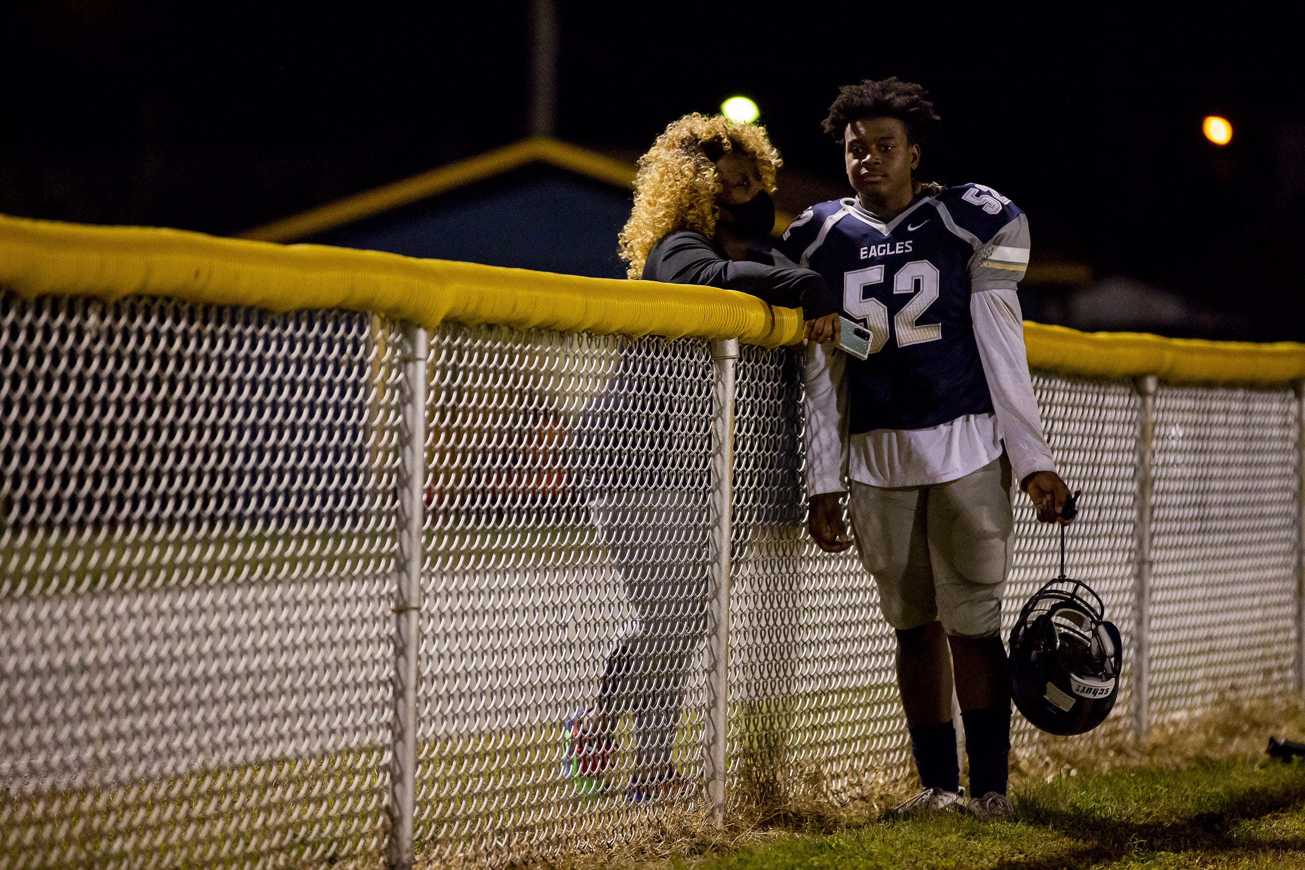 Schard Kelly encourages her son Juan-tay Watters after Shawnee lost to Jackson County on Oct. 2, 2020.