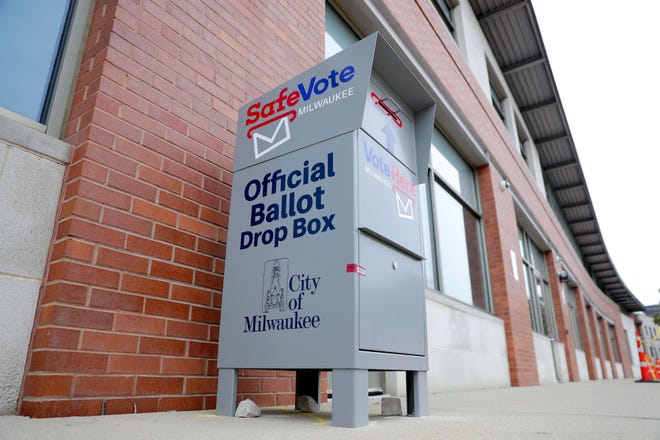 A ballot drop box on the sidewalk outside the Washington Park Library on 2121 N. Sherman Blvd. on in Milwaukee on Saturday, Oct. 3, 2020.  - Mike De Sisti / Milwaukee Journal Sentinel  