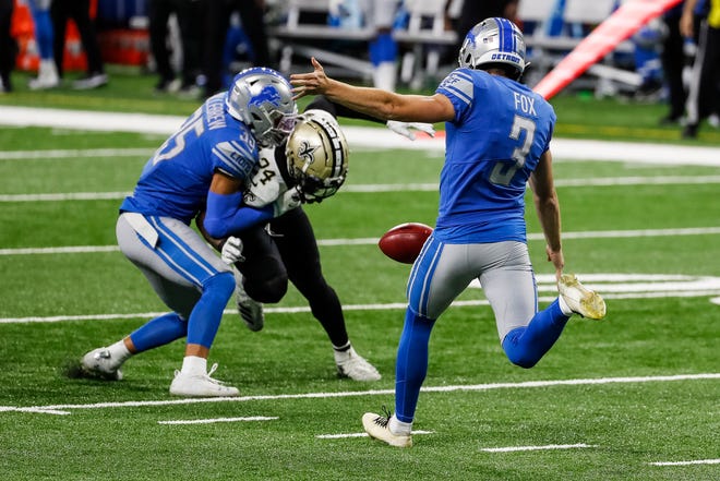 Detroit Lions punter Jack Fox punts against the New Orleans Saints during the second half Sunday, October 4, 2020 at Ford Field. Detroit Lions punter Jack Fox punts against the New Orleans Saints during the second half Sunday, October 4, 2020 at Ford Field.