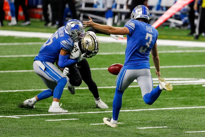 Detroit Lions punter Jack Fox punts against the New Orleans Saints during the second half Sunday, October 4, 2020 at Ford Field.