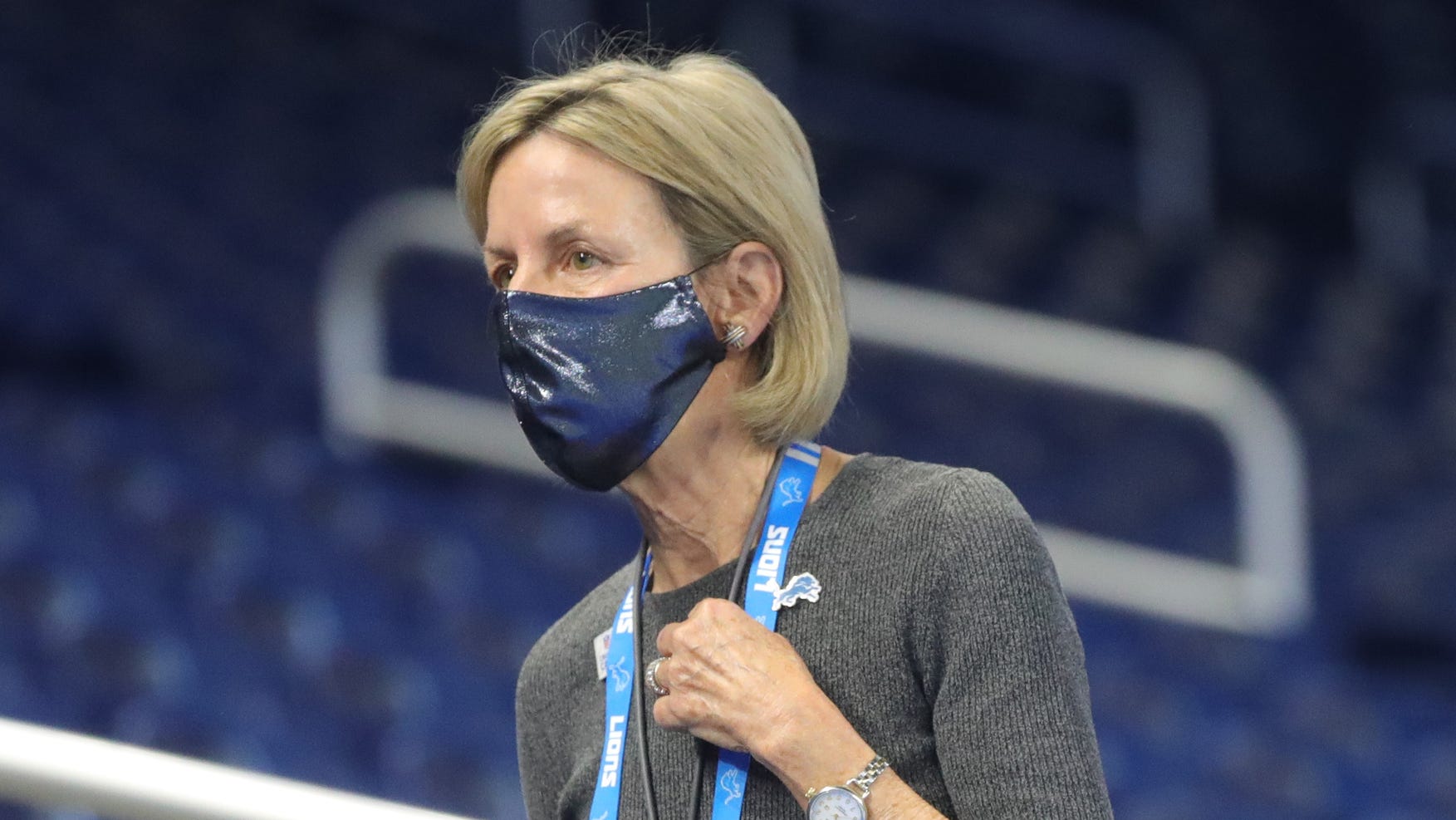 Lions owner Sheila Ford Hamp makes her way to the field before the game against the Saints on Sunday, Oct. 4, 2020, at Ford Field.