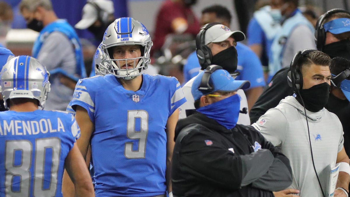 Detroit Lions quarterback Matthew Stafford (9) and head coach Matt Patricia watch a score by the New Orleans Saints during the second half Sunday, October 4, 2020 at Ford Field.