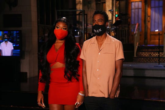Musical guest Megan Thee Stallion and host Chris Rock during promos for the Season 46 premiere of "Saturday Night Live."