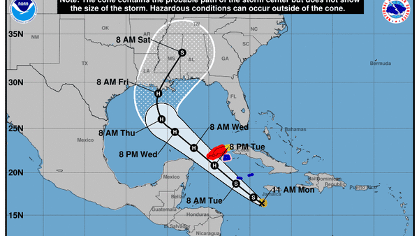 The forecast track of Tropical Storm Delta shows i