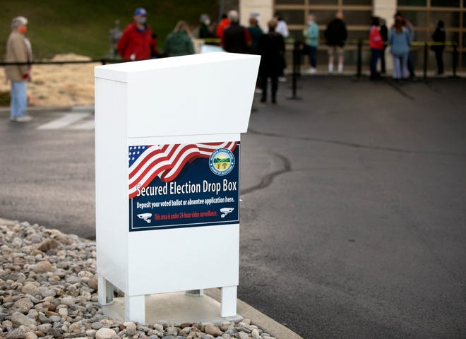 An election drop box outside the Warren County Board of Elections in Lebanon, Tuesday, Oct. 6, 2020. Oct. 6 was the first day of early voting in Ohio. Masks were required. Voting numbers are expected to be up this year because of the presidential election between President Trump and former Vice President Joe Biden