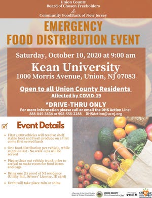 An emergency food distribution event will be held Oct. 10 at Kean University in Union Township.