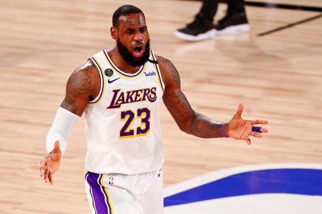 Los Angeles Lakers forward LeBron James reacts to a call during Game 3 of the NBA Finals.