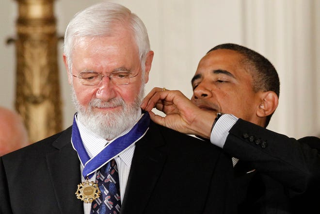 President Barack Obama awards the Medal of Freedom to William Foege, former director of the Centers for Disease Control and Prevention, who helped lead the effort to eradicate smallpox, during a ceremony in the East Room of the White House in Washington, Tuesday, May 29, 2012.