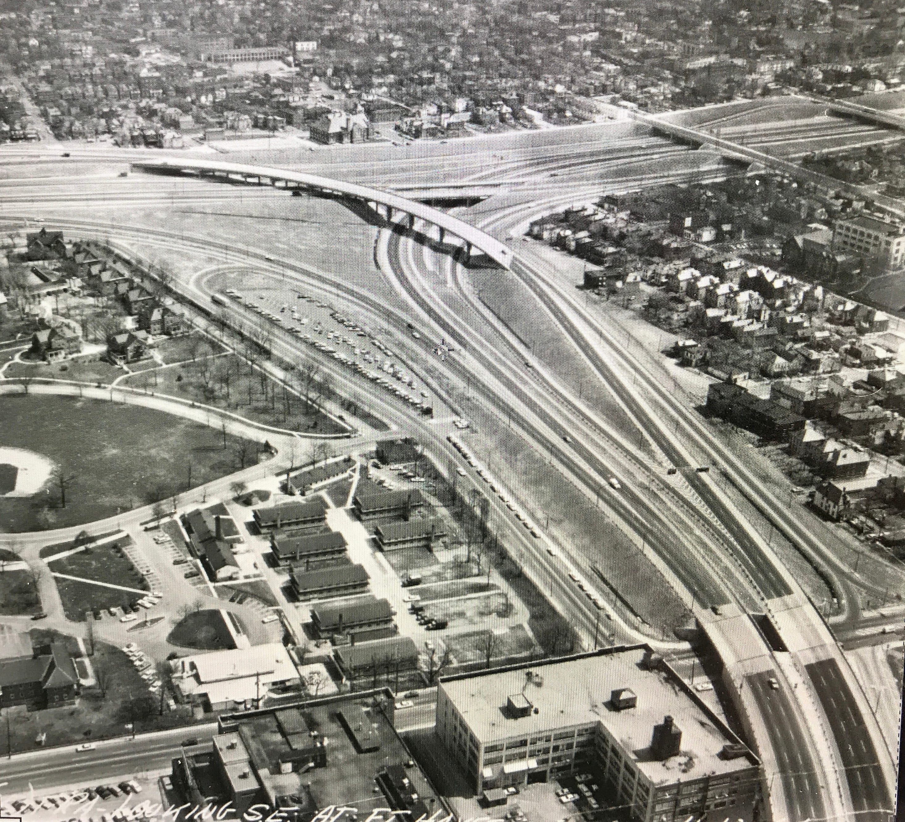 This historical photo of the I-71 and I-670 interchange shows where Ann Walker had a Jefferson Avenue home before it was destroyed for freeway construction.