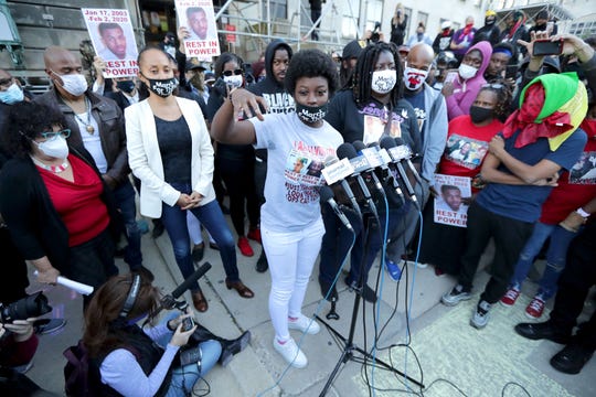 Taleavia Cole, Alvin Cole's sister, speaks to the media outside the Milwaukee County Courthouse in Milwaukee on Wednesday, Oct. 7, 2020, after Milwaukee County District Attorney John Chisholm decided not to charge Wauwatosa Police Officer Joseph Mensah in the shooting death of 17-year-old Alvin Cole. Taleavia Cole said, "the fight doesn't end here. We've got to make sure Joseph is fired immediately."
