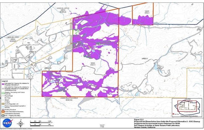 NASA says the purple portions show the amount of soil that would have to be excavated and removed from its parts of the Santa Susana Field Laboratory site under the most stringent cleanup standard.