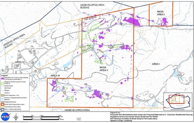 NASA says the purple portions show the amount of soil that would have to be excavated and removed from its parts of the Santa Susana Field Laboratory site under the less stringent cleanup standard it has chosen.