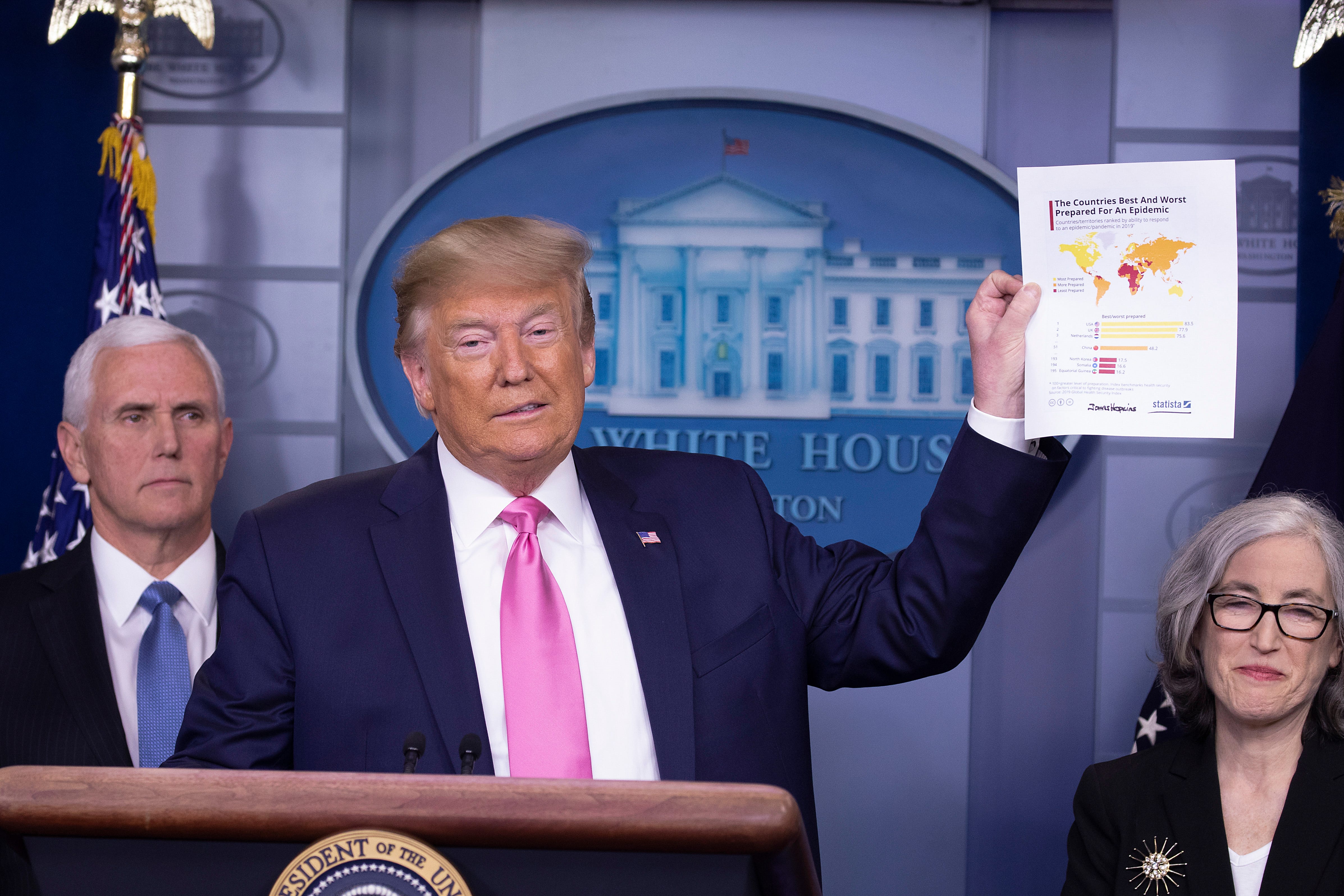 President Donald Trump gives an update on his administration's "whole of government" response to the global coronavirus outbreak during a Feb. 26 news conference at the White House. With him are members of the coronavirus task force, including Vice President Mike Pence.