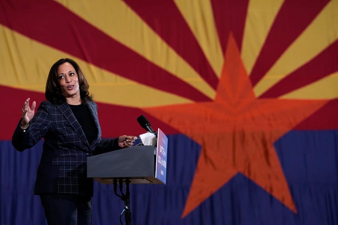 Democratic vice presidential candidate Sen. Kamala Harris, D-Calif., speaks to "first week voters" at Carpenters Local Union 1912 in Phoenix on Oct. 8, 2020.