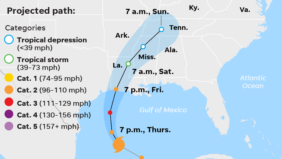 Hurricane Delta's projected path as of 1 p.m. CT. Thursday, Oct. 8, 2020.
