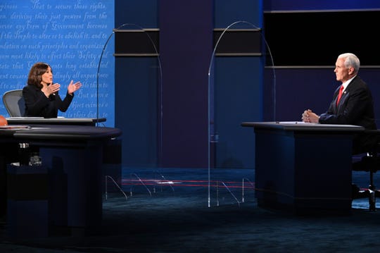 Sen. Kamala Harris debates Vice President Mike Pence on Oct. 7, 2020, in Salt Lake City.